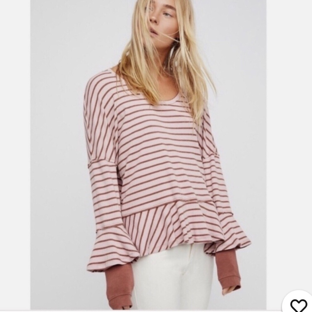 EUC Free People Round About Thermal Peplum LS Tee Stripe Pink Brown Medium - Picture 3 of 10